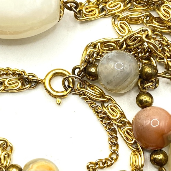 Vintage Gold Tone Chain With Natural Stone Beads Long Necklace - Picture 9 of 9